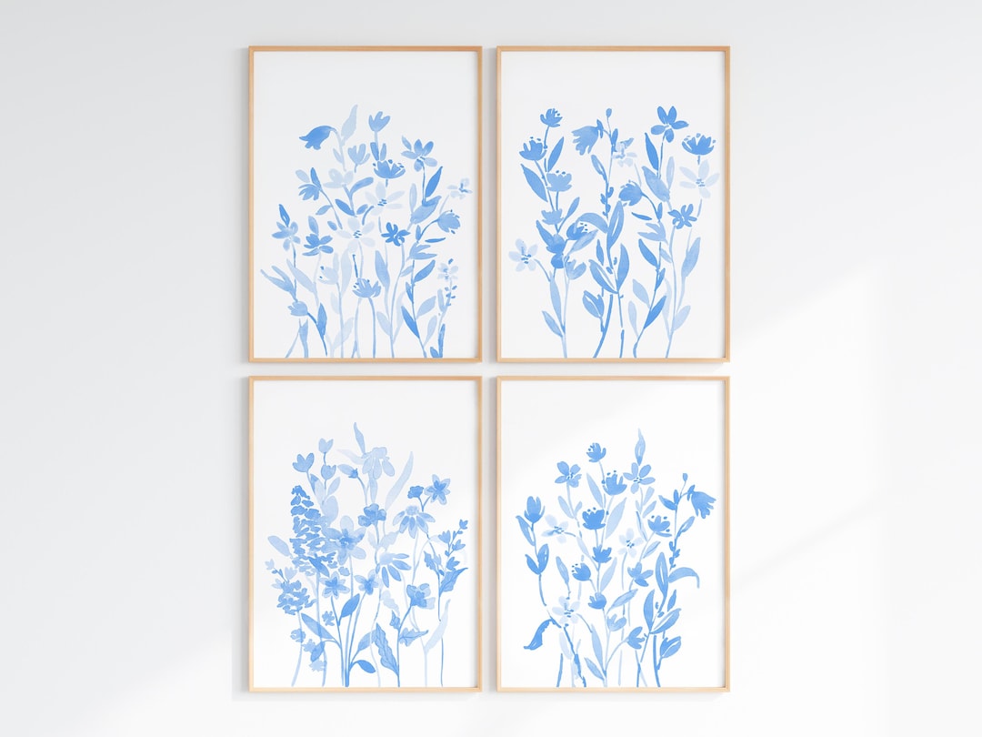 Light Blue Flower Wall Art Set of 4, Sky Blue Floral Watercolor Prints