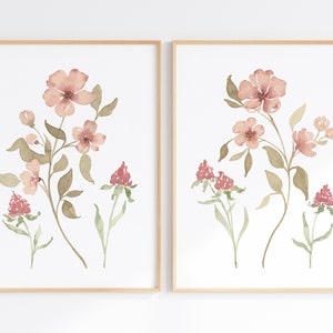 Boho Flower Wall Art Set Of 2 Prints, Neutral Floral Watercolors, Printable Wildflower Artwork, Digital Download Art