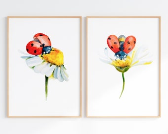 Ladybug On Daisy Flower Watercolor Printable Wall Art, Ladybird Poster, Ladybug Nursery Decor, Baby Room, Kids Room Wall Decor