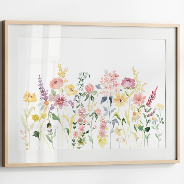 Floral Horizontal Print, Wildflower Watercolor, Digital Download, Printable Flower Poster Wall Art