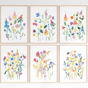 Wildflower Gallery Wall Art Set Of 6 Prints, Colorful Floral Watercolors, Digital Download