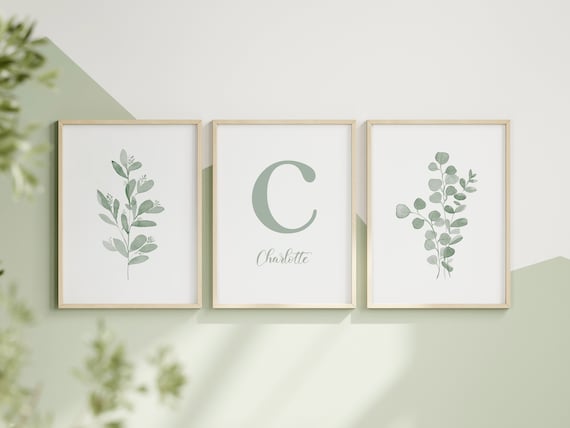 Sage Green Nursery Wall Art Set Of 3 Custom Baby Initial And Name Prints Minimalist Nursery Decor Eucalyptus Watercolor Digital Download