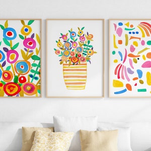 Colorful Wall Art For Kids Room, Playroom Decor, Printable Abstract Art Set Of 3, Colorful Flower Watercolor Prints, Modern Geometric Poster