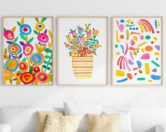 Colorful Wall Art For Kids Room, Playroom Decor, Printable Abstract Art Set Of 3, Colorful Flower Watercolor Prints, Modern Geometric Poster