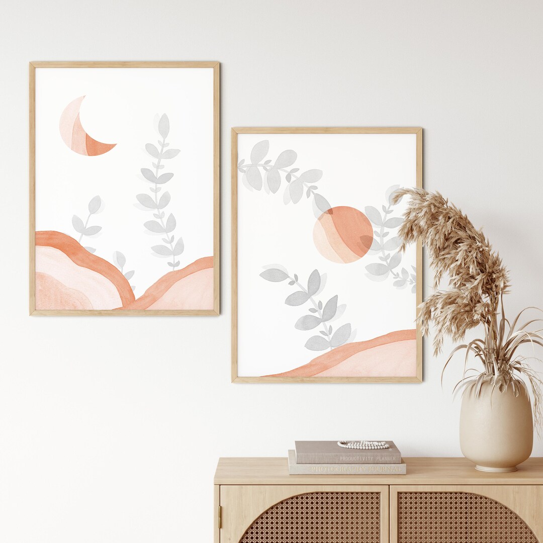Neutral Abstract Boho Print Set of 2, Sun and Moon Wall Art Printable ...