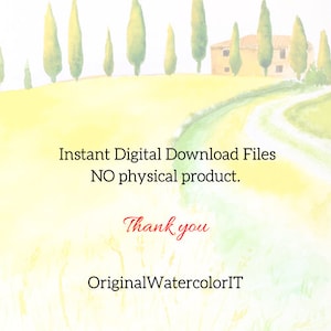 May include: A watercolor painting of a Tuscan landscape with a house, trees, and a winding road. The text "Instant Digital Download Files NO physical product. Thank you OriginalWatercolorIT" is written on the image.