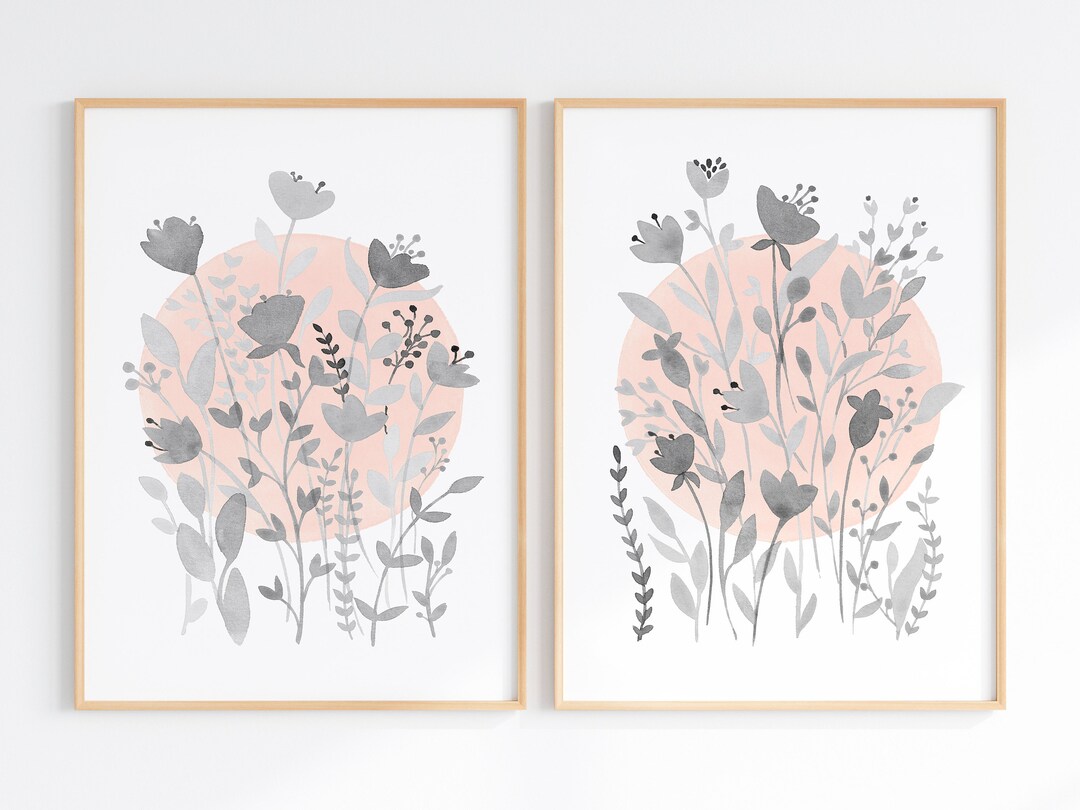 Boho Wildflower Watercolor Print Set: Blush Gray Nursery (digital ...