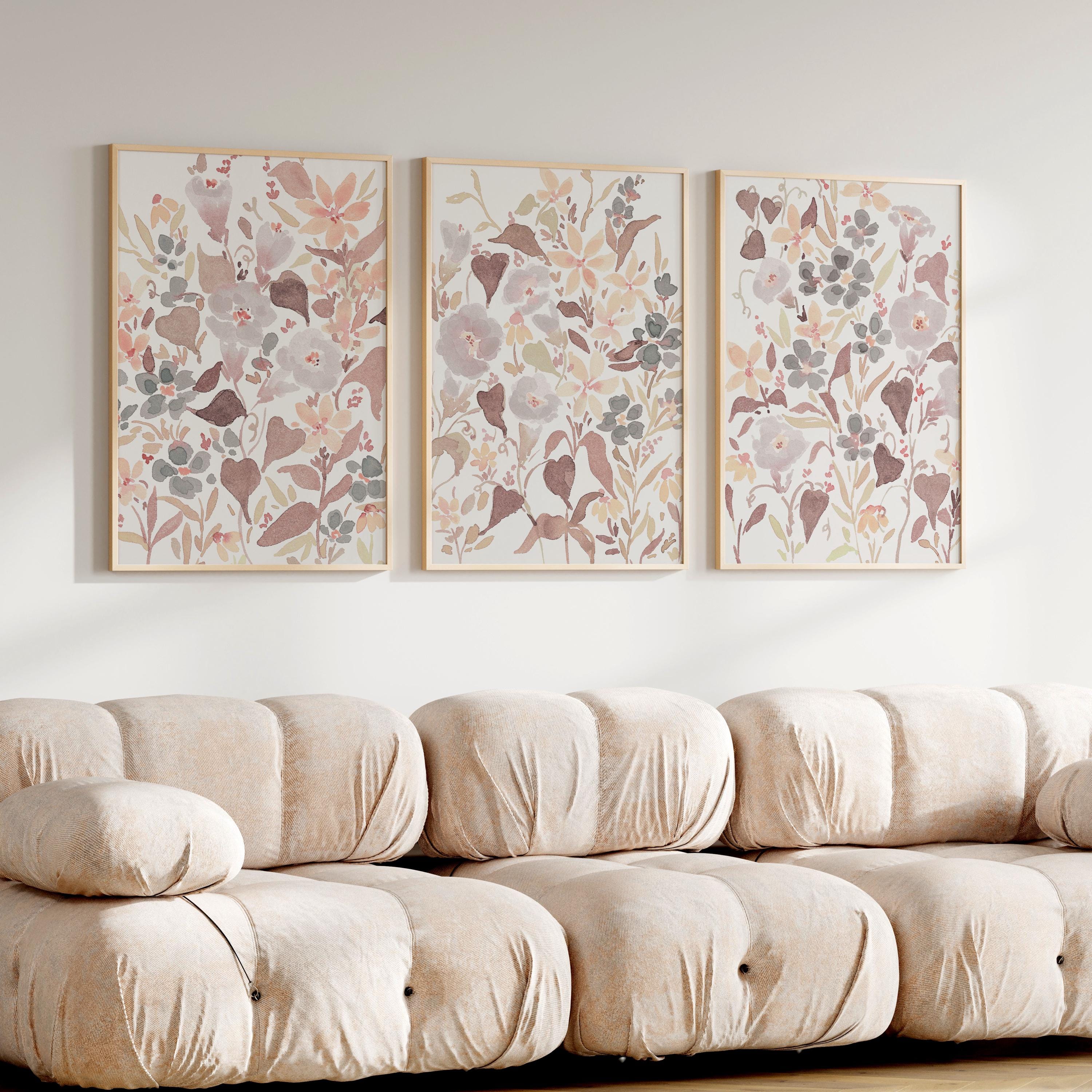 Boho Floral Watercolor Prints: Mauve & Cream Flower Wall Art (set of 3 ...