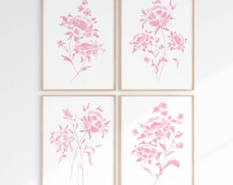 Blush Pink Peony Watercolor Prints - Coquette Girly Bedroom Art Set of 4 (Digital Download)