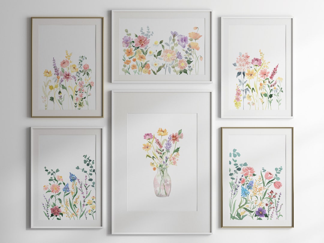 Wildflower Watercolor Gallery Wall Art Set of 6, Floral Collection of ...