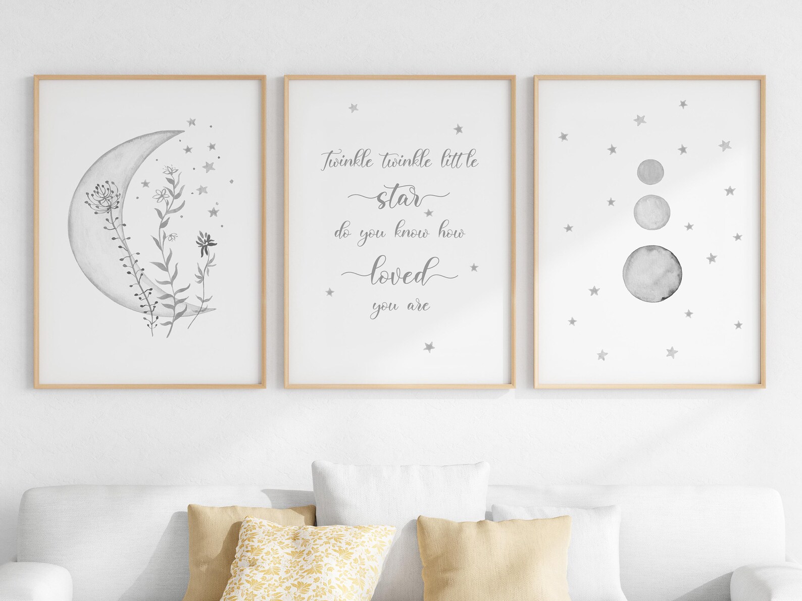 Grey Moon and Stars Nursery Wall Art Set of 3, Baby Room Quote, Twinkle