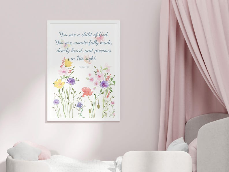 Christian Girl Poster Floral Scripture Print Flower Bible Verse Nursery