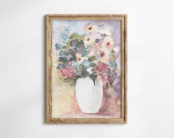 Muted Floral Print, Farmhouse Flowers In Vase Digital Wall Art, Vintage Style Botanical Watercolor Painting, Instant Download Artwork