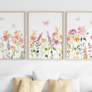 Wildflowers With Butterflies Watercolor Print Set Of 3, Digital Download, Printable Floral Wall Art