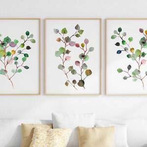 Abstract Eucalyptus Wall Art Set Of 3, Minimalist Botanical Watercolor Prints, Modern Green Plant Posters, Instant Download