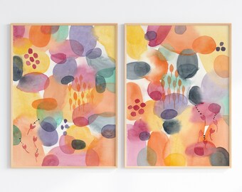 Bright Abstract Wall Art Set Of 2, Colorful Watercolor Prints, Kids Room Decor Printable, Colorful Nursery, Digital Download