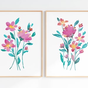 Magenta Flower Wall Art Set Of 2, Impresiones de acuarela floral, Descarga digital, Carteles de flores silvestres