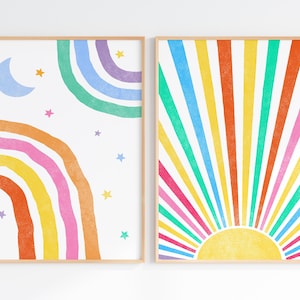 Retro Rainbow Sun And Moon Kids Decor, Colorful Wall Art Set Of 2 Toddler Prints, Bright Boho Sun Moon And Stars Nursery, Instant Download