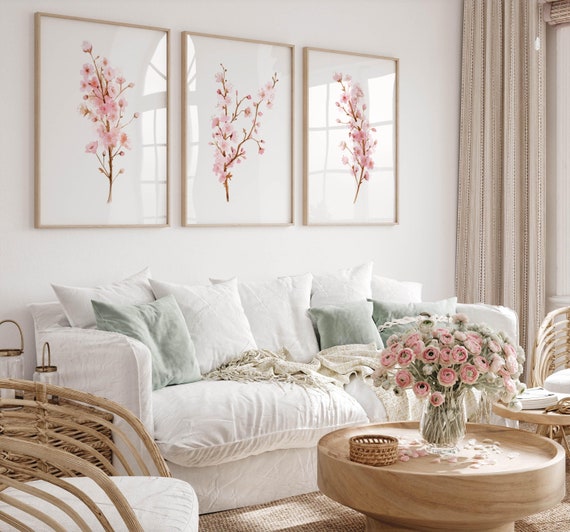 Cherry Blossom Wall Art Set Of 3 Sakura Watercolor Prints Light Pink Floral Posters Living Room Wall Art Girl Bedroom Decor Digital Download