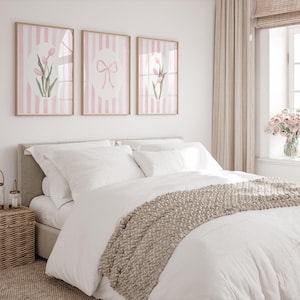 Pink Bow Wall Art Set of 3 Striped Floral Prints Tulips Watercolors ...