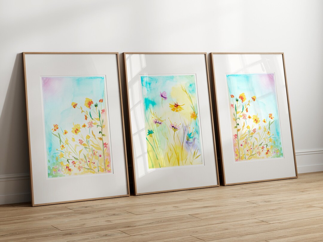 Floral Watercolor Prints Set: Colorful Wildflower Field Art (digital ...