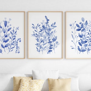 Blue Botanical Print Set Of 3, Digital Download Art, Wildflower Watercolor, Floral Wall Art Printable