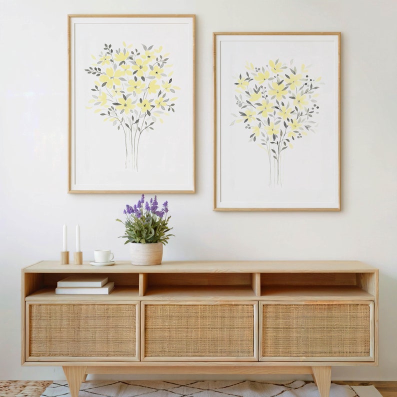 Yellow and Gray Floral Watercolor Prints Set of 2 Girls Bedroom Wall