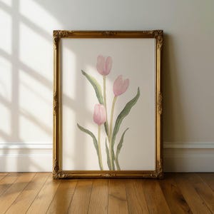 Juego de 4 impresiones de tulipanes rosa pastel, galería floral minimalista de pared, decoración botánica sencilla imagen 3