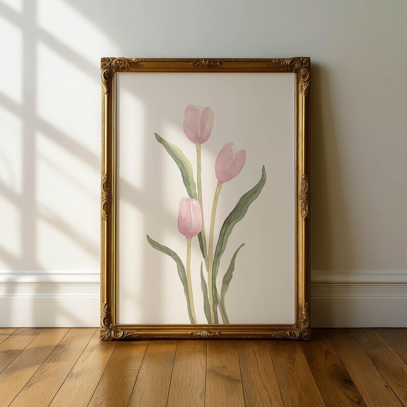 Juego de 4 impresiones de tulipanes rosa pastel, galería floral minimalista de pared, decoración botánica sencilla imagen 3