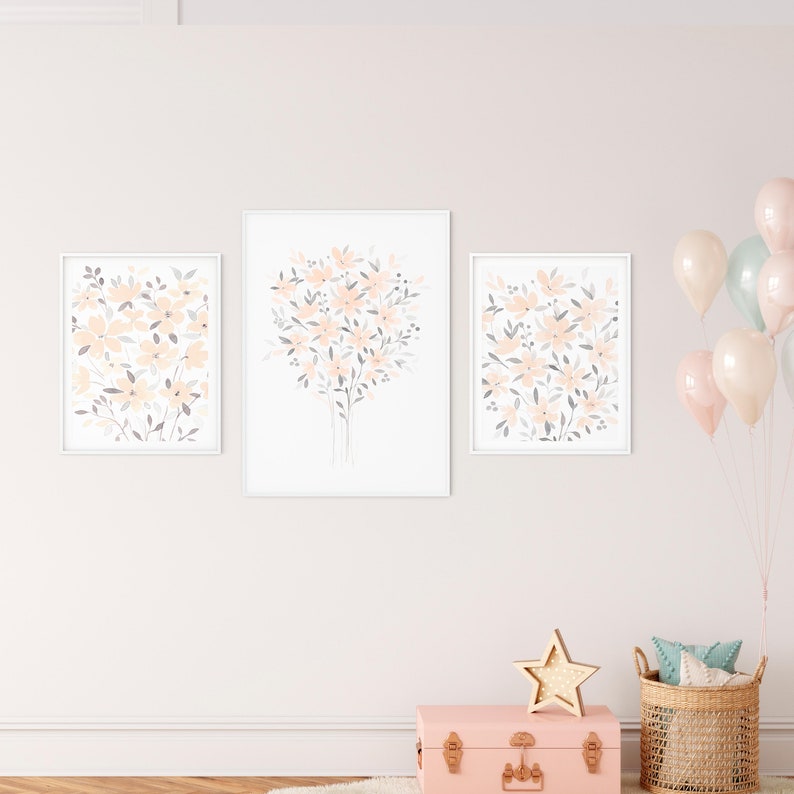 Blush Pink Floral Wall Art Boho Girls Room Decor Wildflower Etsy