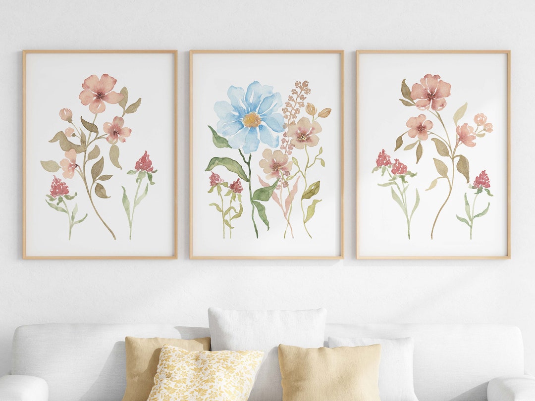 Boho Floral Wall Art Set of 3, Printable Wildflower Watercolor Prints ...