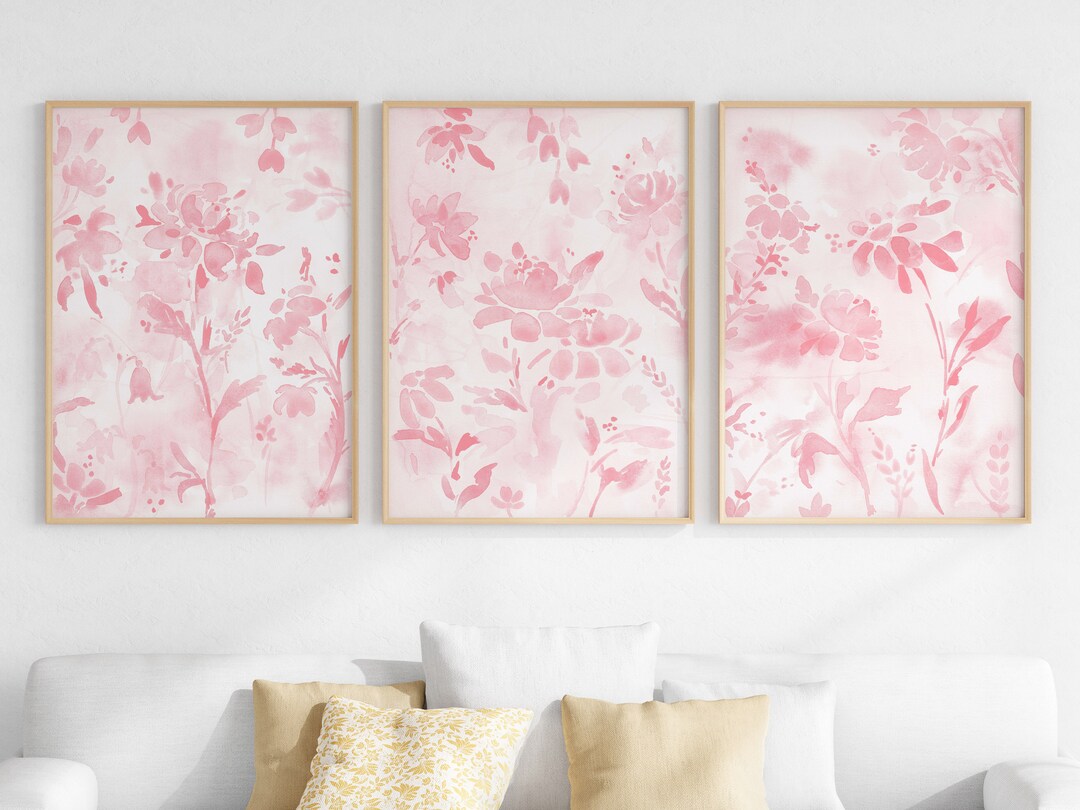 Blush Pink Flower Wall Art Set of 3, Soft Pink Floral Watercolor Prints, Living Room Decor, Girl