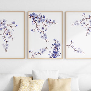 青い桜のウォールアート、フラワープリント3点セット、植物水彩画プリント、リビングルームの装飾、デジタルダウンロードアート