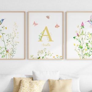 Impresiones personalizadas de letras y nombres de bebés de flores silvestres, Conjunto de arte de pared de guardería de colibríes de 3, Decoración de habitación de niña bebé, Descarga digital