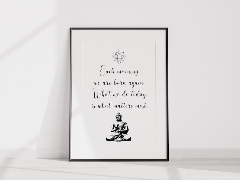 May include: Black and white printable wall art featuring a quote about mindfulness and a stylized image of a meditating Buddha. The quote reads "Each morning we are born again. What we do today is what matters most."