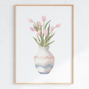 Ramo de tulipanes en jarrón con estampado de acuarela, arte floral de pared de primavera, póster de descarga digital