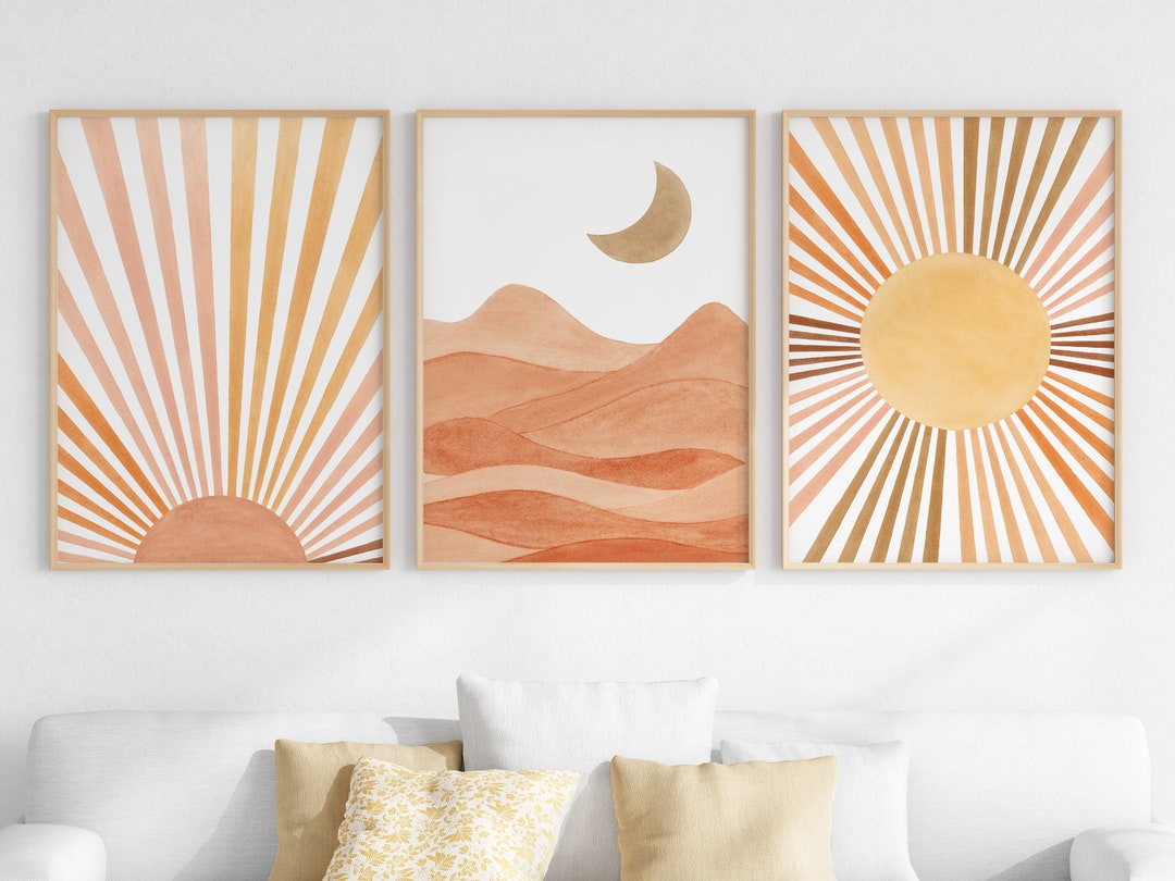 Terracotta Sun and Moon Wall Art Set of 3, Boho Abstract Prints, Mid ...