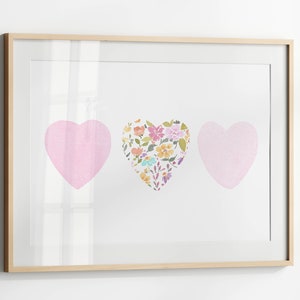 Three Pink Hearts Print, Horizontal Flower Heart Wall Art, Hearts Watercolor Poster, Little Girl Decor, Digital Download