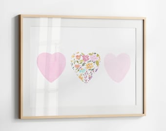 Pink Hearts Watercolor Print: Floral Heart Wall Art (Digital Download)