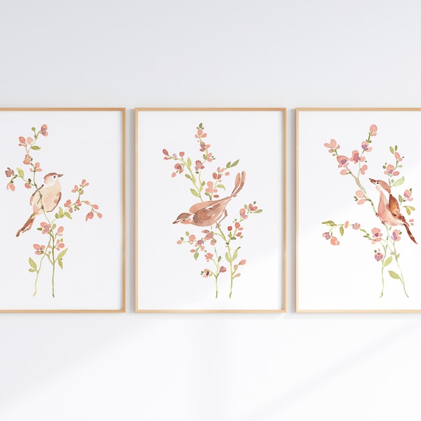 Birds On Flower Branches Wall Art Set Of 3, Boho Woodland Nursery Decor, Birds Watercolor Prints, Digital Download Art