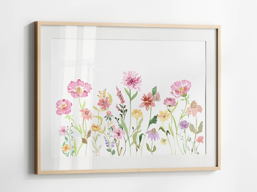 Horizontal Floral Printable Artwork, Wildflower Watercolor Wall Art