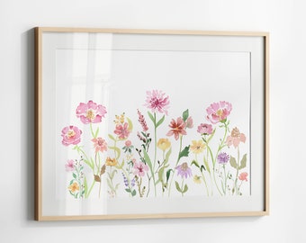 Horizontal Floral Printable Artwork, Wildflower Watercolor Wall Art, Digital Download Flower Poster