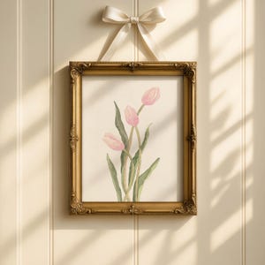 Juego de 4 impresiones de tulipanes rosa pastel, galería floral minimalista de pared, decoración botánica sencilla imagen 2
