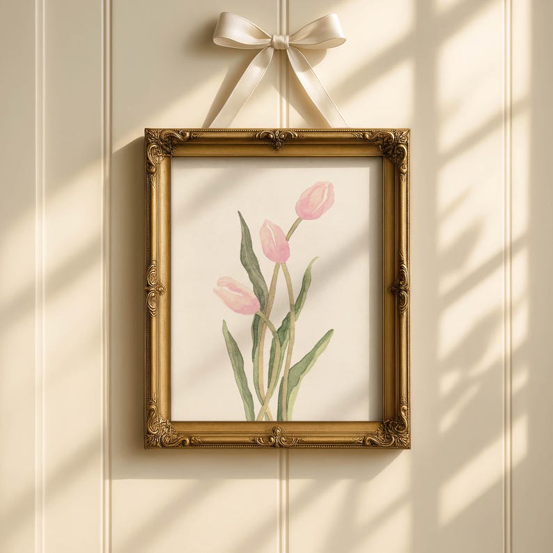 Juego de 4 impresiones de tulipanes rosa pastel, galería floral minimalista de pared, decoración botánica sencilla imagen 2