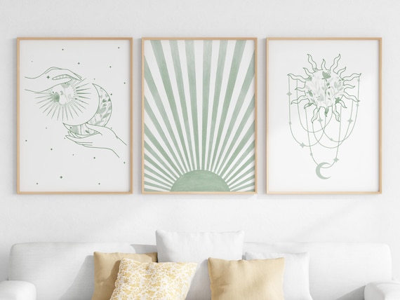Sage Green Celestial Prints: Boho Sun and Moon Wall Art (Digital Download)