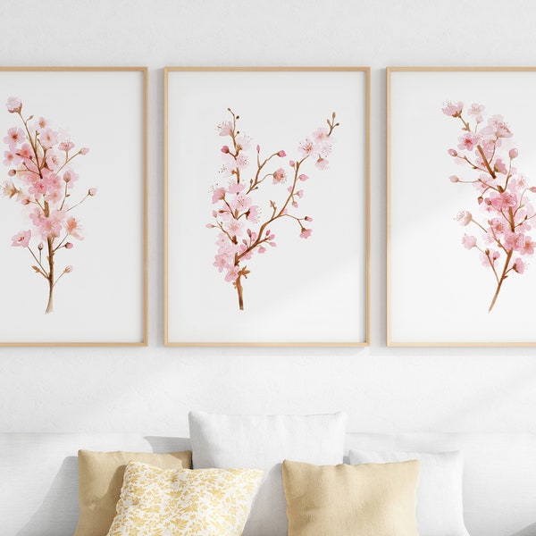 Cherry Blossom Art Print Set Of 3, Blush Pink Floral Wall Art Printable, Sakura Watercolor, Minimalist Wall Art