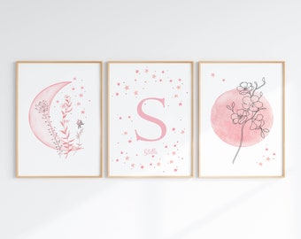 Blush Pink Moon And Stars Girl Nursery Decor, Initial Name Wall Art Set Of 3, Celestial Watercolors, Baby Girl Nursery, Digital Download