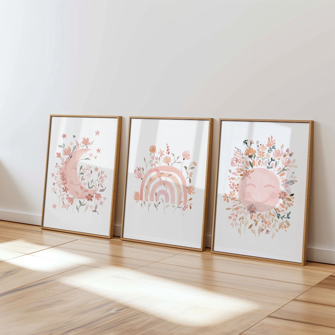 Boho Baby Nursery Art Prints: Sun, Moon & Rainbow Set (digital Download ...