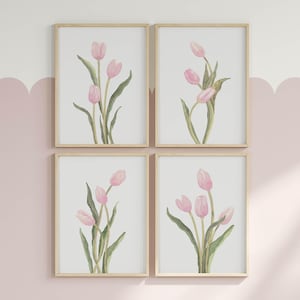 Watercolor Tulip Wall Art Set of 4 Piece Hanging Paintings Simple Floral Prints Light Pink Flowers Wall Decor Botanical Digital Download Art