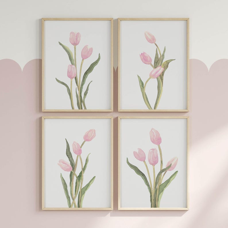 Juego de 4 impresiones de tulipanes rosa pastel, galería floral minimalista de pared, decoración botánica sencilla imagen 6